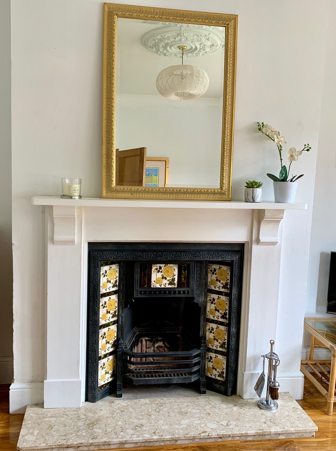 Victorian Cast iron tiled fire insert , corbel surround and marble hearth