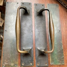 Large brass old school door pulls and push plates, pair of each.