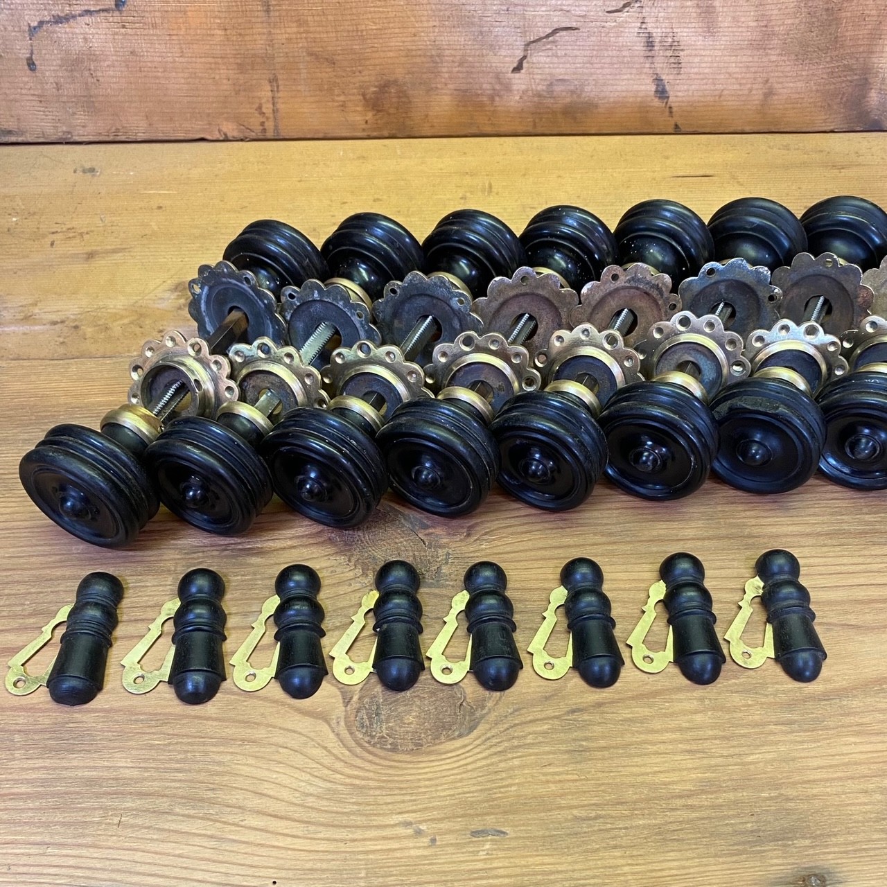 Ebony round Door Handles - set of 8 pairs ebony and brass with escutcheons SOLD