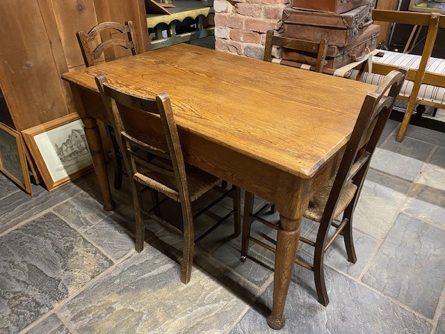 Table - pitch pine with 4 eclectic chairs.