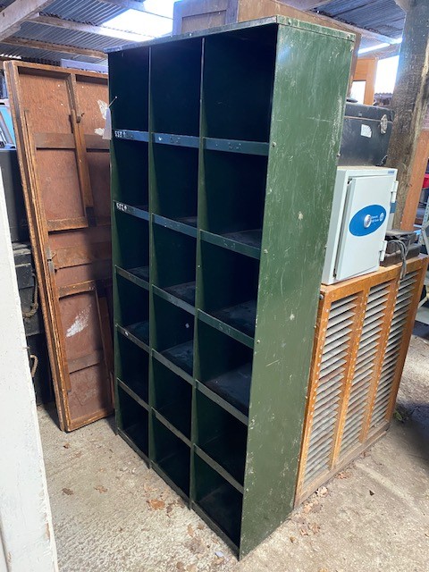 Pigeonhole vintage metal storage.