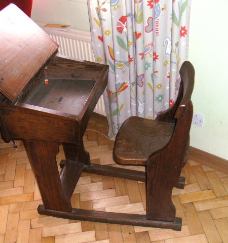 School Desk and chair - Pitch pine lift top sliding school desk